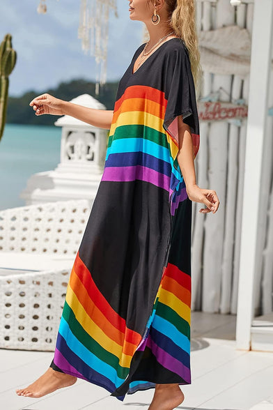 YouKD Maxi Dress V-Neck Kaftan Boho Robes Beach Cover-ups Dress Roomy Gowns for Women