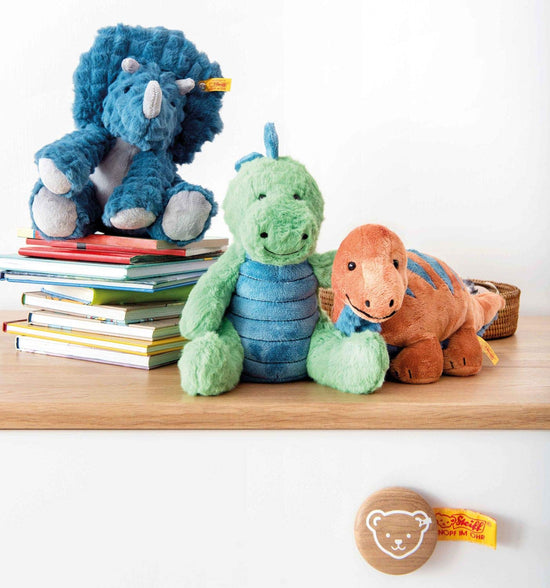 Steiff 087837 Original Bronko Brontosaurus Soft Cuddly Friends Cuddly Toy Approx. 28 cm, Branded Plush with Button in Ear, Cuddly Friend for Babies from Birth, Dark Orange and Petrol