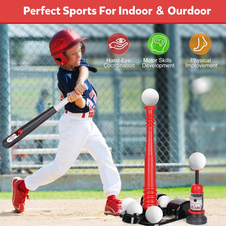 KIZJORYA T Ball Set, Tee Ball Set for Kids 3-5 with 6 Large Baseballs & Automatic Pitching Machine & Adjustable Batting Bat, Outdoor Games Sports Toy Gift for Toddlers Boys Girls Ages 5-8 8-12