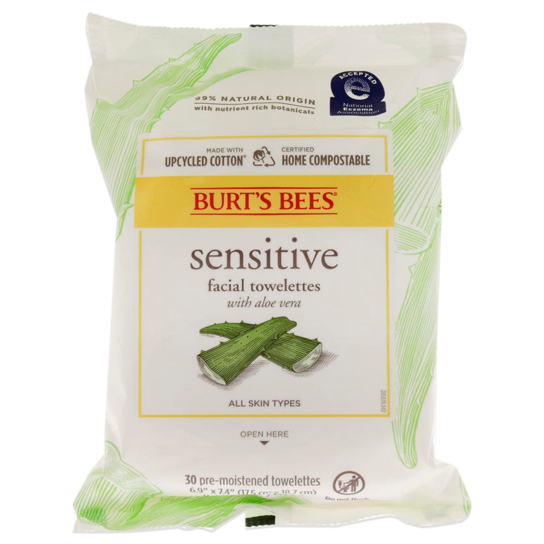 Burt Bees Sensitive Facial Cleansing Towelettes with Cotton Extract - hypoallergenic towelettes wipe away dirt, oil and makeup while moisturizing and soothing skin with Cotton and Aloe