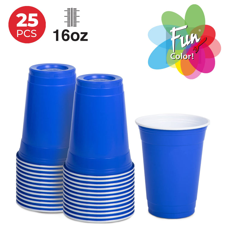 fun Plastic Party Cups 16oz Blue Sturdy Red Birthday for All Occasions, 475ml 25pieces