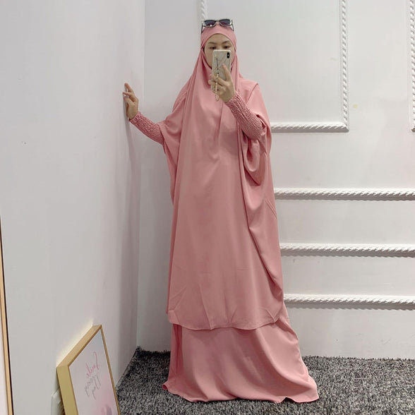 BOJON Muslim Two Piece Prayer Dress for Women Abaya Dress Islamic Middle East Dubai Turkey Maxi Abaya Kaftan with Full Length Hijab Dress