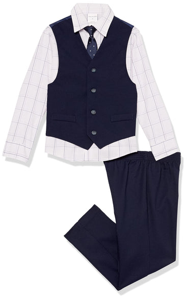 Van Heusen Boys' 4-Piece Formal Suit Set, Vest, Pants, Collared Dress Shirt, and Tie, Lavender Fog Tech