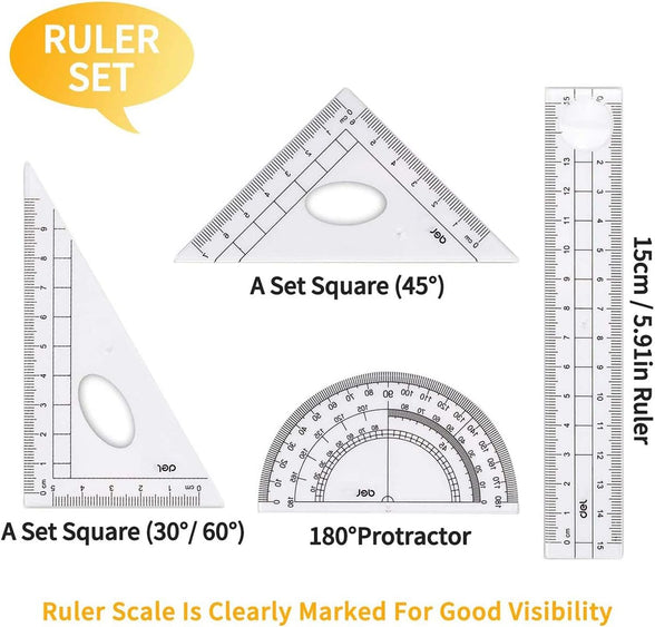 DELFINO Set Math Geometry Tool Plastic Clear Ruler Sets Protractor Triangular Ruler Drawing Compass for School Student Classroom, High Quality Material for Long Time and Durable Use