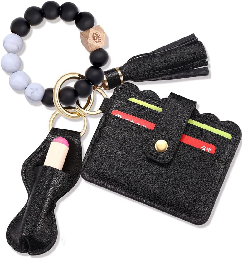 Goodern Wristlet Keychain Bracelet Wallet Leather Tassel Keychains,Silicone Beaded Key Ring Bracelet with Card Holder,Keychain Wallet Car Keychain,Elastic Keychain Wristlet for Women Men-Black White