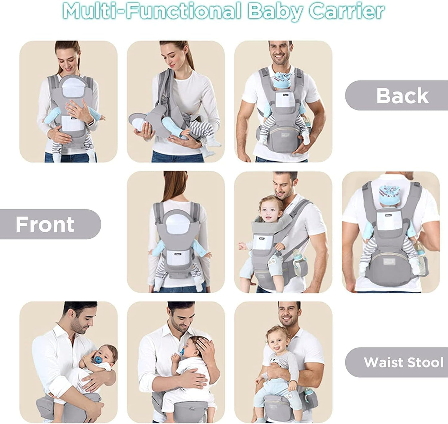 Deal Hunt 6 in 1 Baby Carrier Hip Seat, Multifunctional Baby Strap Waist Carrier for walking, Shopping, Trip, Hiking - Adjustable Size & Suitable for 0-36 Months Baby with Gift Box Packaging (Grey)