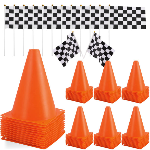 24 Pcs Traffic Cones and Racing Checkered Flags,12 Plastic Traffic Cones,12 Checkered Flags with Sticks,Orange Sports Cones Soccer Training Cones,Race Car Party Supplies,Racing Theme Party Decoration