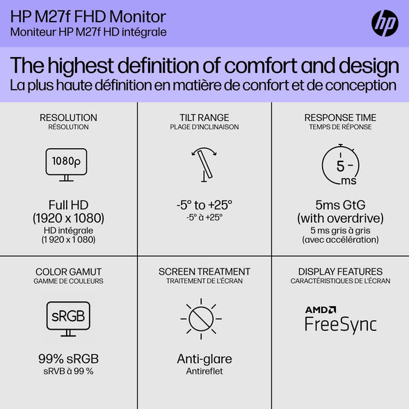 HP New_HP 27 Inch FHD 1080p IPS LED Anti-Glare Monitor, AMD FreeSync, 70Hz, 300 nits, 2 HDMI & VGA Ports, Tilt (m27f) - Silver and Black (27 Inch)