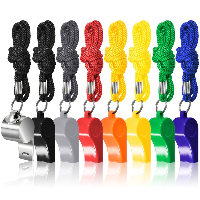 FineGood 8 Packs Coaches Referee Whistles with Lanyards, 7 Colorful Plastic and 1 Stainless Steel Metal Whistles for Football Sports Lifeguards Survival Emergency Training - Multi-Color