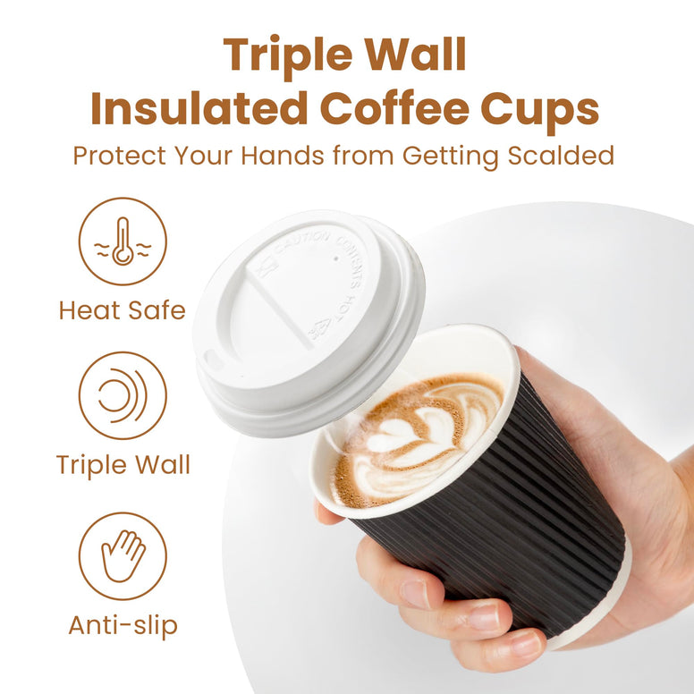 Fit Meal Prep [50 Pack] Disposable Hot Cups with Lids - 8 oz Black Double Wall Insulated Ripple Sleeves Coffee Cups with White Dome Lid - Kraft Paper Cup for To Go Chocolate, Tea, and Cocoa Drinks