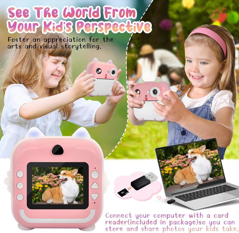 Beauenty Kids Camera Instant Print Toddler Digital Camera with 1080P HD Video Camera, 48MP Camera with Phone Connected 32GB Card, Pink