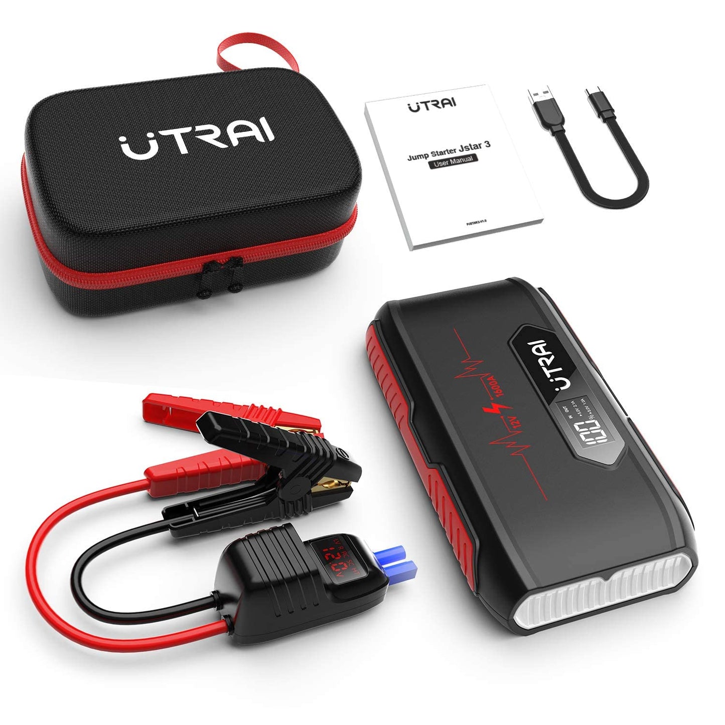 Utrai Jstar 3 Car Jump Starter With Lcd Screen Smart Clamps, 1600A 20000Mah (Up To 7L Gas Or 6L Diesel Engine) 12V Auto Battery Booster Portable Power Pack With Built-In 10 Leds Light, Safe Protection