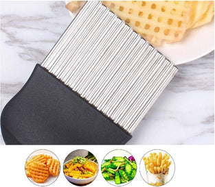 DELFINO Stainless Steel Crinkle Cutter Potato Chips Cutter Vegetable Wavy Blade Cutter French Fries Chips Chopping Knives for Chopping Potato Vegetable Fruit Waffle Fries (Black)