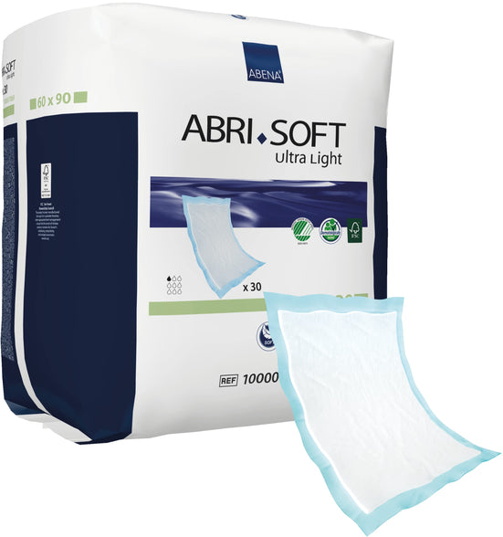 ABENA Abri-Soft Ultra Light Disposable Incontinence Bed Pads, Eco-Friendly Incontinence Underpads, Leak Protection, Soft & Secure Bed Protectors For Incontinence - 60x90cm, 800ml, 30PK