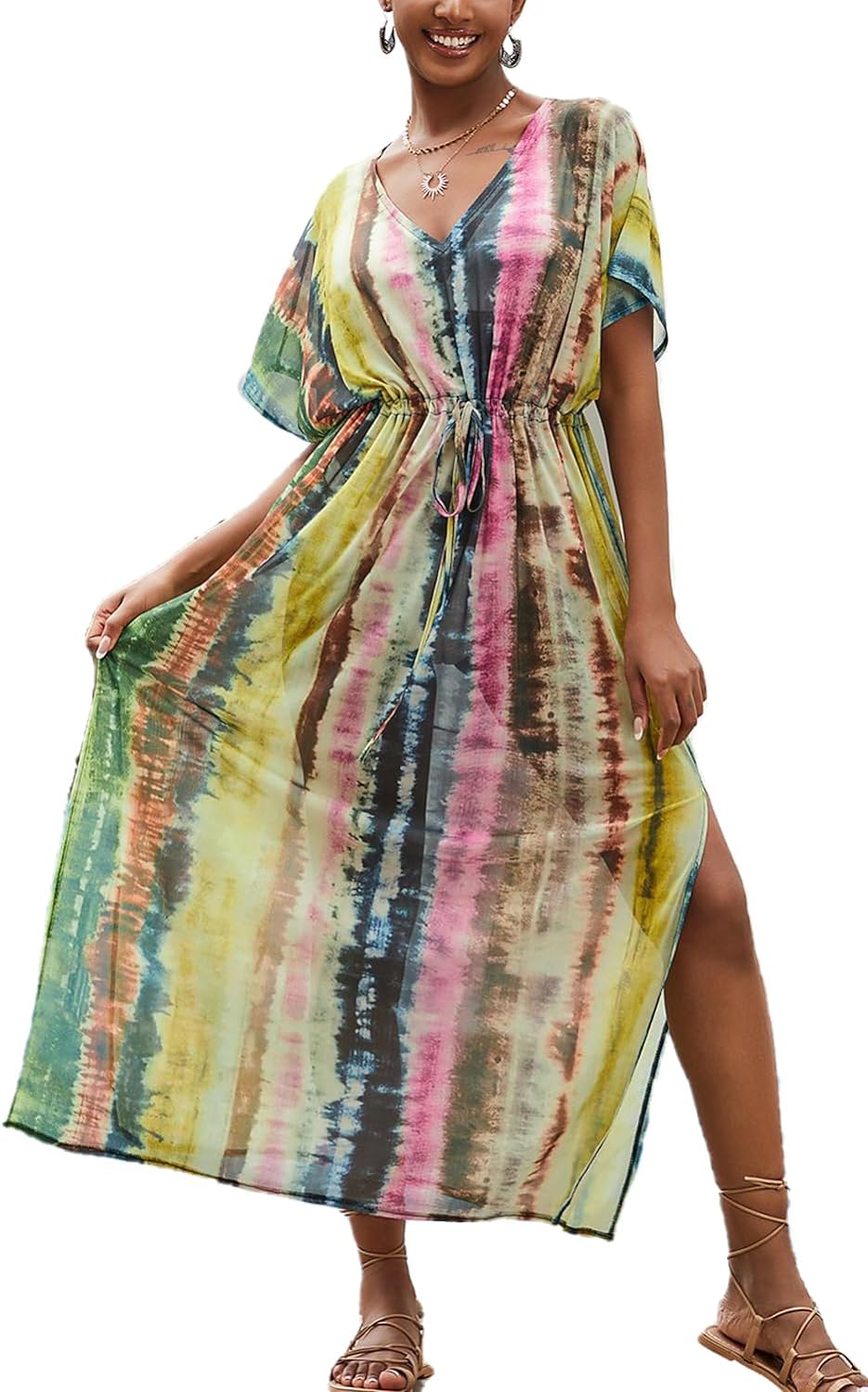 YouKD Women's Summer Bohemian Kaftan Plus Size Robe Beach Coverup Dress One Size Bathrobes