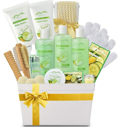 Deluxe XL Gourmet Gift Basket with Essential Oils. 20-Piece Luxury Spa Gift Set with Bath Bombs, Body Lotion, Bubble Bath & More! Huge Gift Set for Her, Holiday Gift (Cucumber Melon)