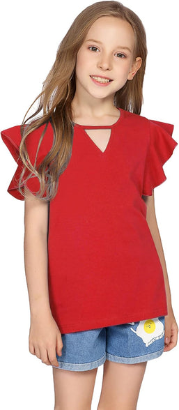 Greatchy Girls Shirts Short Sleeve Tee Ruffle Solid Summer Keyhole Neck Cotton Blouse Tops