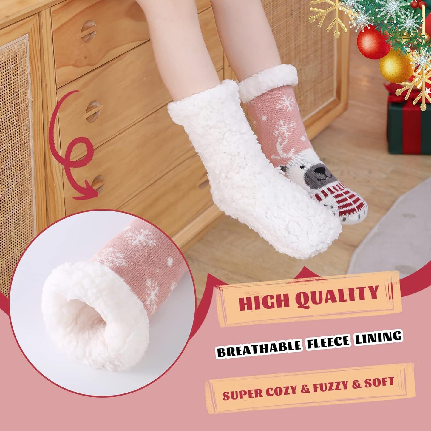 HERYEBING Kids Slipper Socks Boy Girl Chunky Knit Non Slip Socks Soft Fuzzy Warm Thick Fleece lined Christmas Stockings Child Toddler Winter Socks