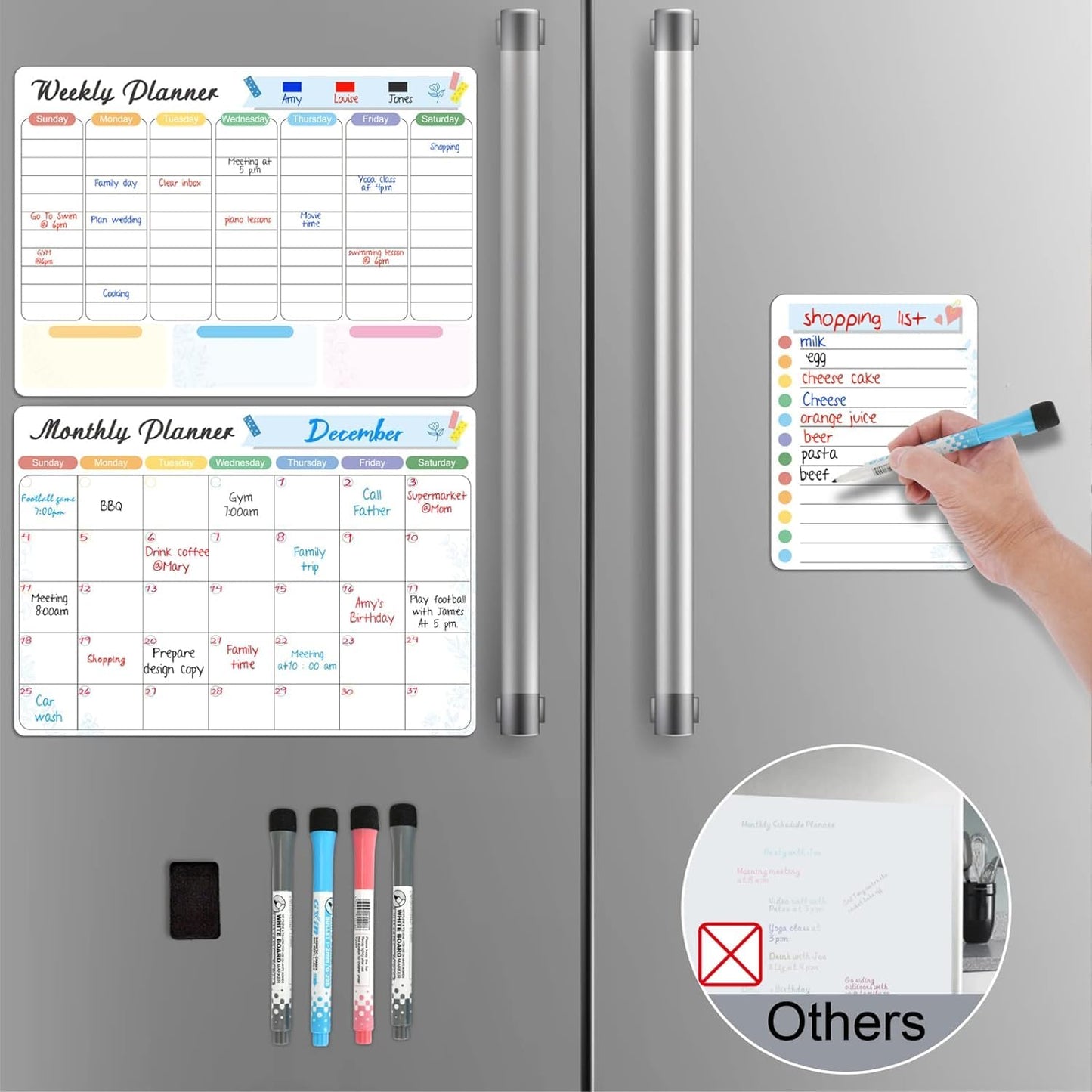 Magnetic White board Refrigerator Calendar set- Weekly and Monthly Planner, Wall, and Fridge Includes Shopping list & 4 markers