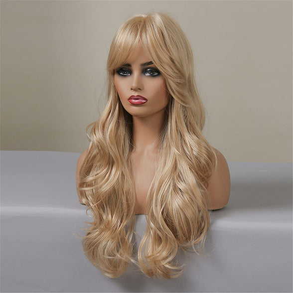 Eacam Long Wigs Golden Curling Hair Wigs with Bangs Wavy Hair Wig with Hair Net Heat Resistant Synthetic Long Wigs for Women