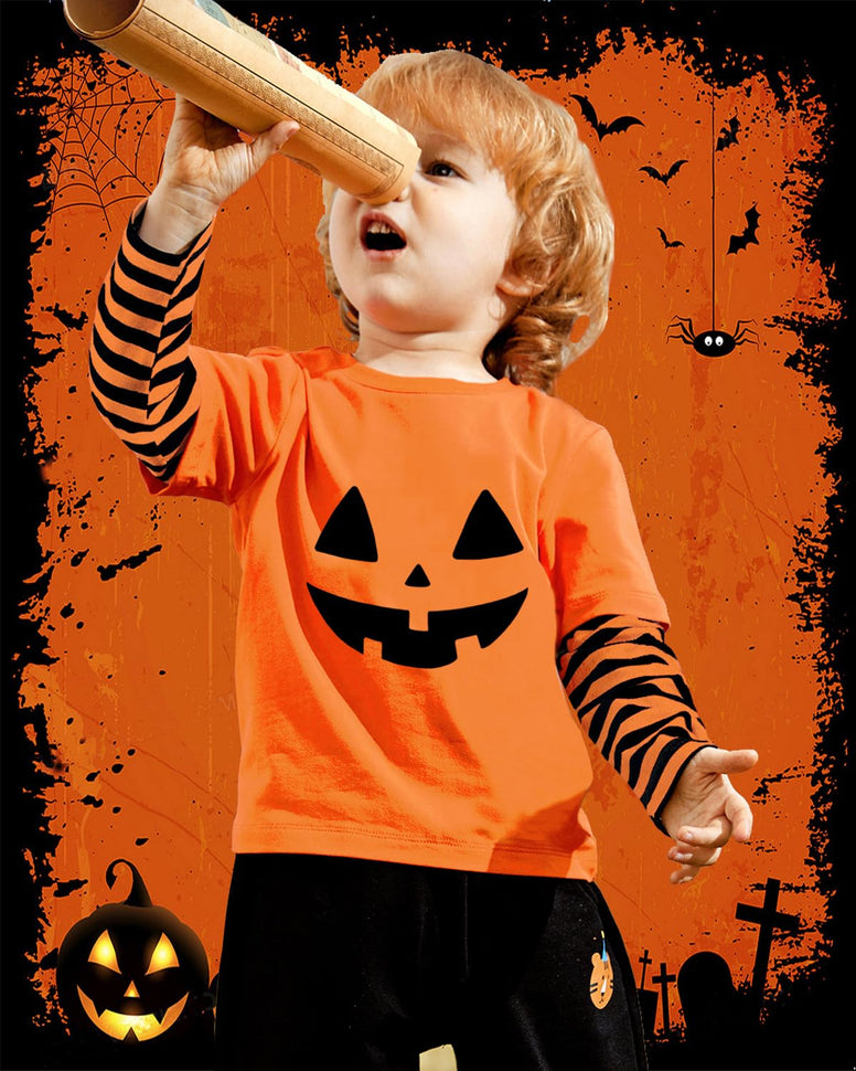 DHASIUE Halloween Shirt for Toddler Boy Girl Pumpkin Skeleton Ghost Dino Trucks Stripe Long Sleeve Tops for Kids 2-7 Years