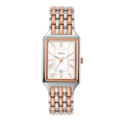 Fossil Women's Racquel Quartz Rectangular Watch with Stainless Steel or Leather Strap, Rose Gold/Silver, One Size, Raquel 3 Hand Date Watch - ES5222