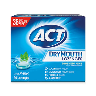 ACT Dry Mouth Lozenges Soothing Mint 36 Count Soothing Mint Flavored Lozenges with Xylitol Help Moisturize Mouth Tissue to Sooth and Relieve Discomfort from Dry Mouth, Freshens Breath