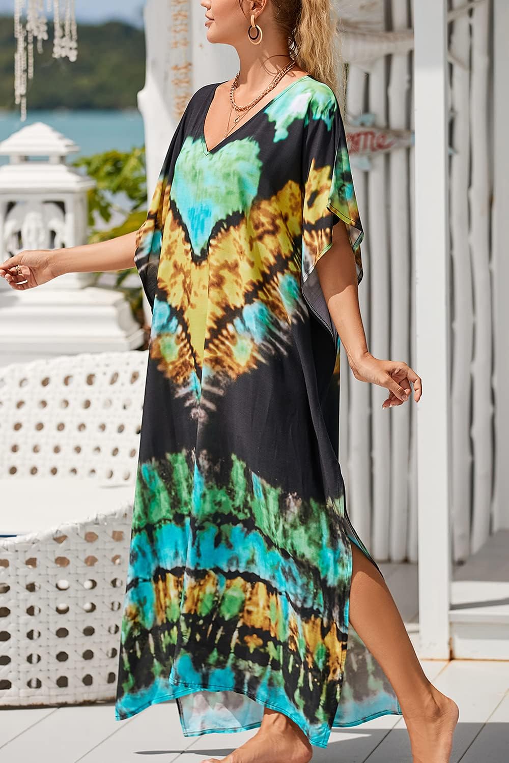 YouKD Maxi Dress V-Neck Kaftan Boho Robes Beach Cover-ups Dress Roomy Gowns for Women