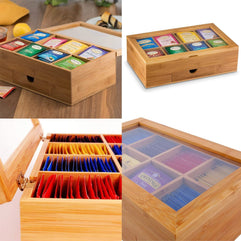 Premium Bamboo Tea Storage Box Mofish Natural Wood Tea Chest Organizer with Small Drawer, 8 Compartments - Tea Fan