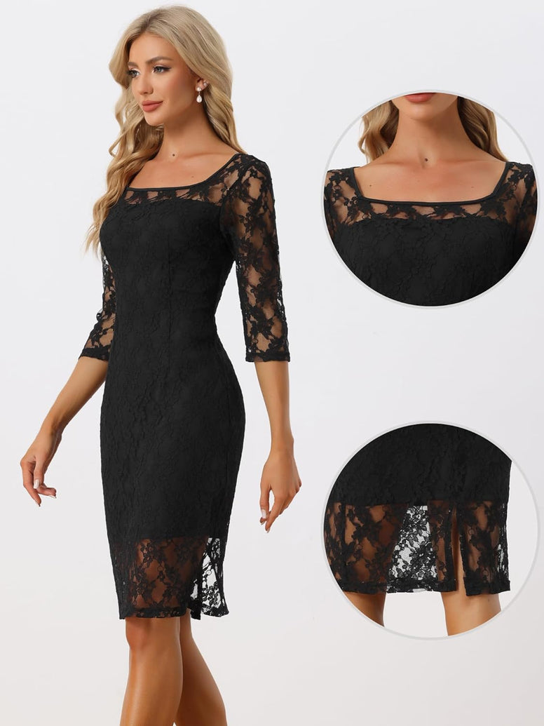 Allegra K Lace Dress for Women's Elegant 3/4 Sleeve Square Neck Bodycon Cocktail Dresses