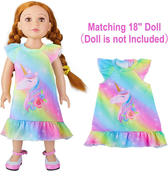 ICOSY Matching Girls & Doll Nightgowns Clothes Unicorn Pajamas Sleepwear Outfit for Girls and American 18" Girl Doll