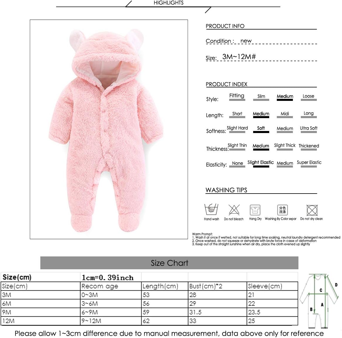 Camidy Newborn Baby Girl Boy Cute Bear Ear Warm Fleece Hooded Jumpsuit Romper Snowsuit (0-3 Months)