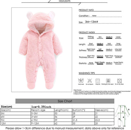 Camidy Newborn Baby Girl Boy Cute Bear Ear Warm Fleece Hooded Jumpsuit Romper Snowsuit (0-3 Months)