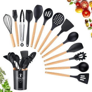 Sunnyrobby Kitchen Utensils Silicone 11-Pieces Spatula Set with Organizer Cup Holder, Non-Stick Cookware Non-Toxic Cooking Tools Includes Tongs, Spatula, Turner, Ladle, and More