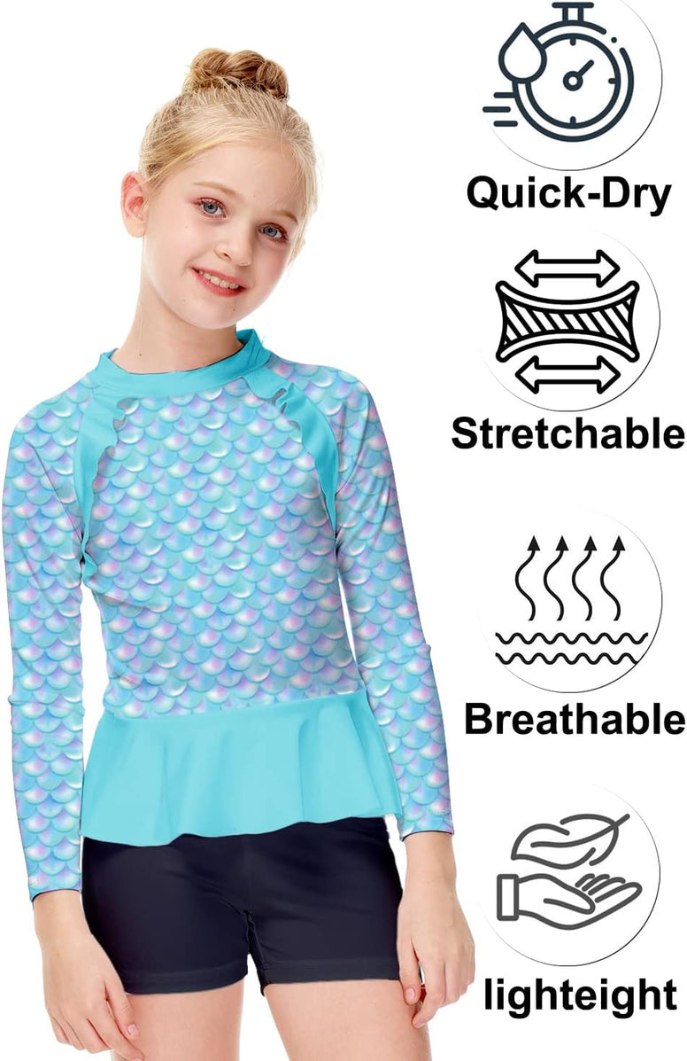 AOBUTE Girls Rash Guard Shirt Raglan Long Sleeve Ruffle Hem Swim Tops 3-12 Years