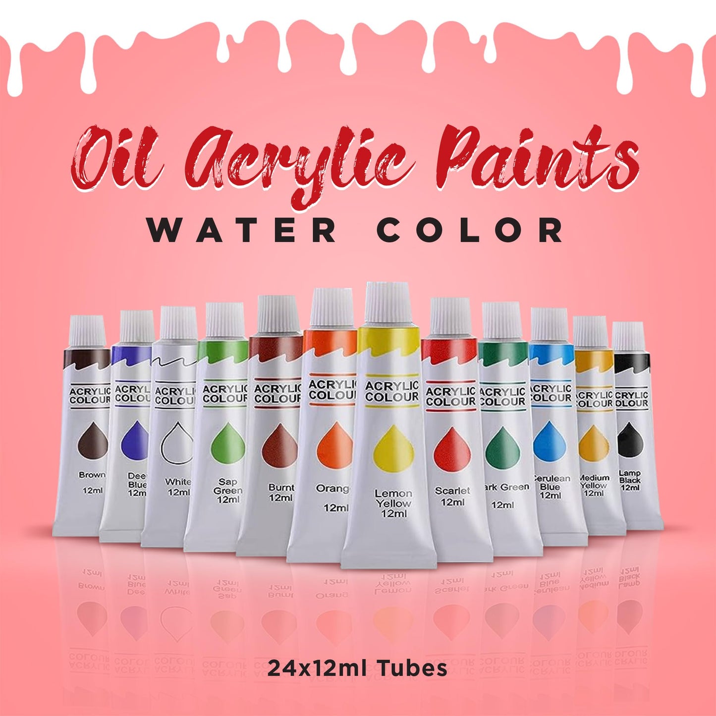 Gulf Goods Acrylic Paint Set - 24 Tubes (12 ML) With Paint Brush - 24 Colors - Non Toxic, Rich pigments - Ideal for Canvas Painting - Non Fading - Choice of Artists, Hobbyists and Kids