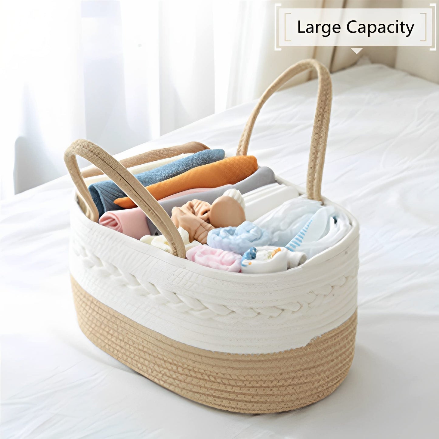 Beauenty Baby Diaper Caddy Organizer,Cotton Rope Diaper Storage Basket with Adjustable Divider,Portable Car Travel Diapers Organizer for Newborn Boys Girls,Large Capacity Baby Baskets for Storage