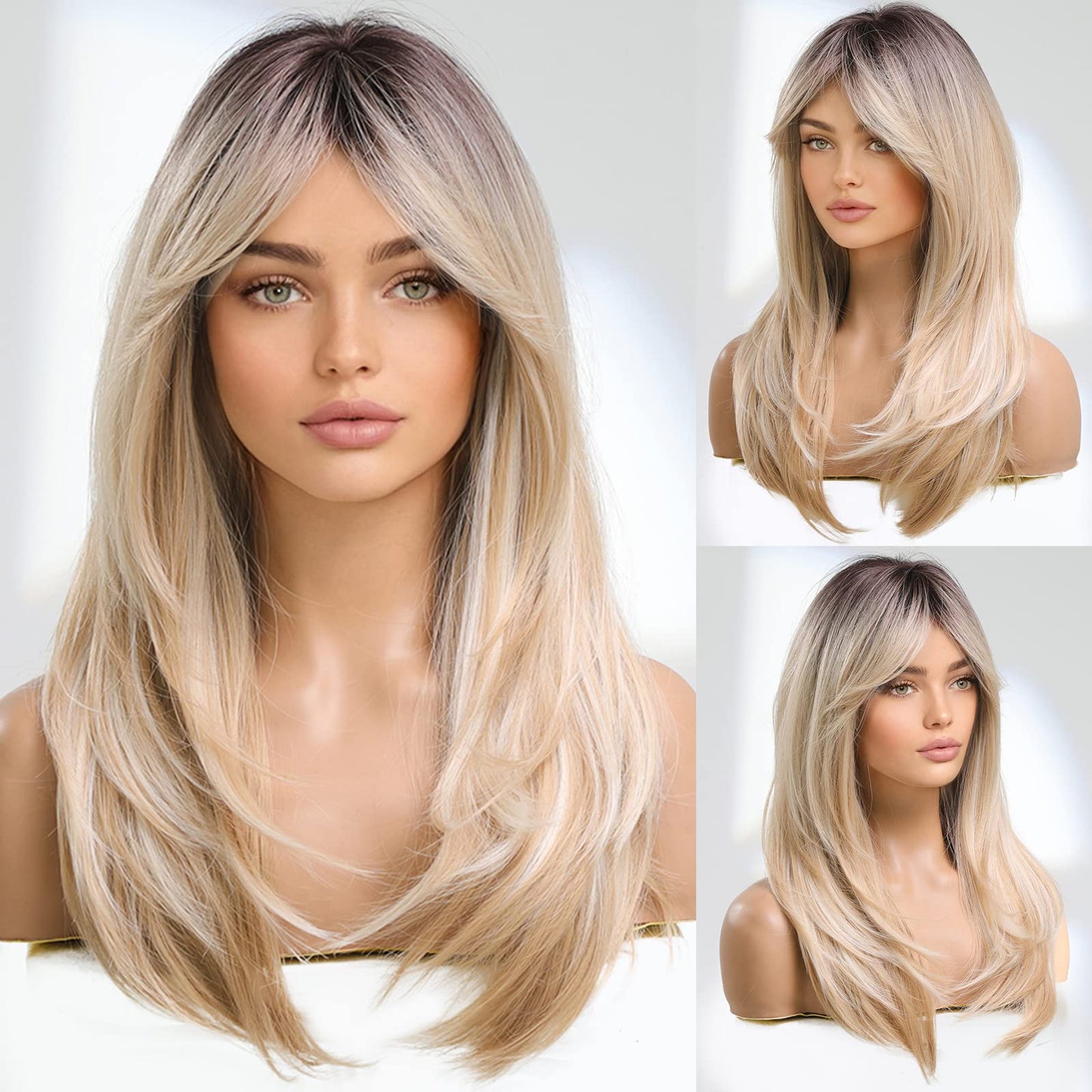 YHRY Blonde Wigs for Women, Long Blonde Wig with Bangs, Heat Resistant Natural Looking Wigs, Middle Part Blonde Wigs with Dark Roots, Layered Synthetic Hair Wig for Daily Party Use Cosplay(55 cm)