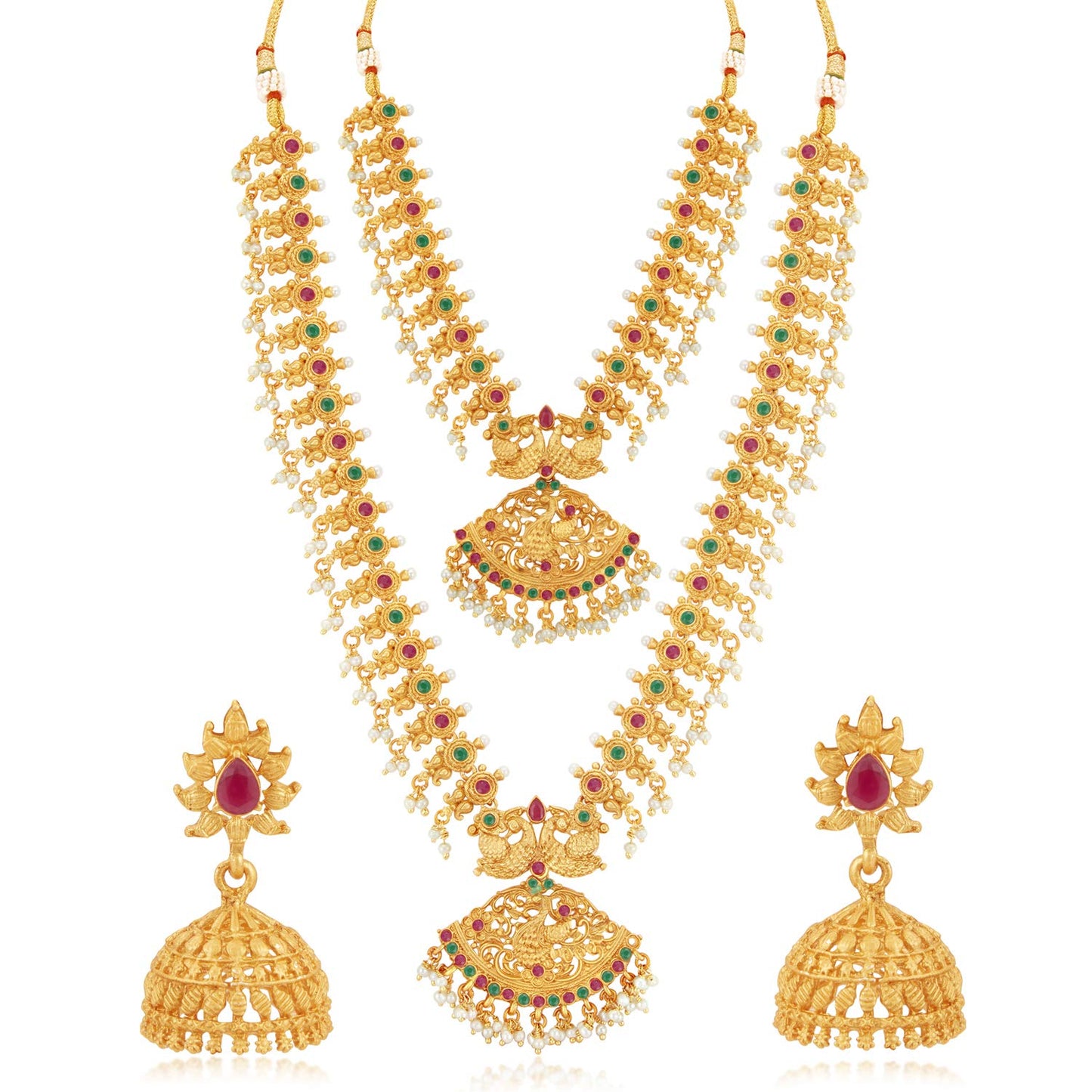 Sukkhi Classic Pearl Gold Plated Long Haram Necklace Set for Women (SKR70419), Pink & Green, Free Size
