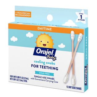 Orajel Baby Daytime Cooling Swabs for Teething, Drug-Free, 1 Pediatrician Recommended Brand for Teething*, 12 Swabs in Carrying Case