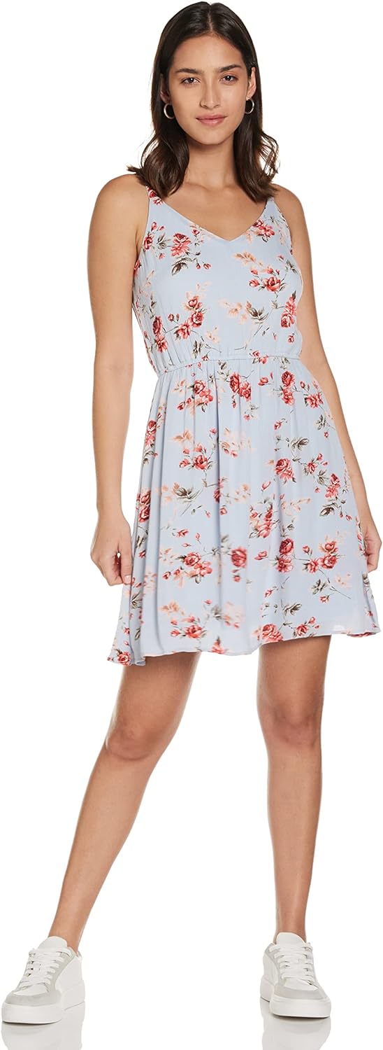 ONLY Women's Onlkarmen S/L Short Dress Aop Wvn Noos Dress, Color:Cashmere Blue/Aop:rose Flowers,Size:34