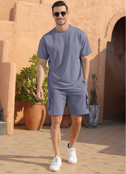 YawYews Men's 2 Piece Outfits Casual Tracksuit Cargo Shorts Summer Athletic Drop Shoulder Sleeve Sportwear Set