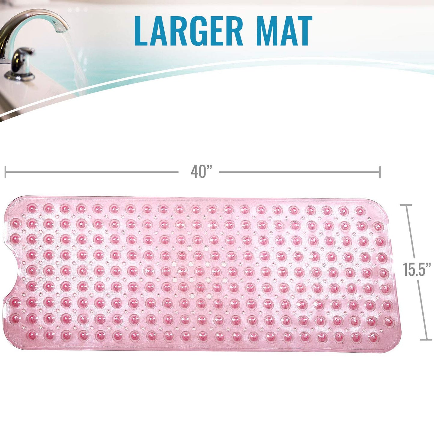 HealthSmart Antimicrobial Bath Mat with NonSlip Suctions and Drain Holes Extra Long, Translucent Pink, 1 Count