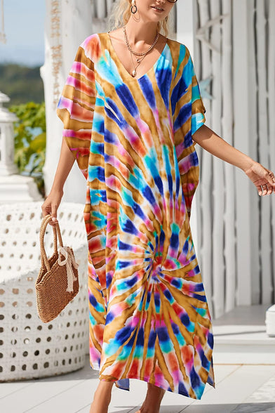 YouKD Maxi Dress V-Neck Kaftan Boho Robes Beach Cover-ups Dress Roomy Gowns for Women