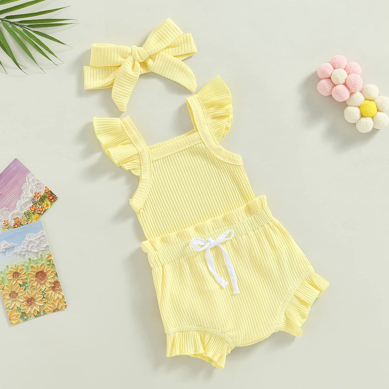 Infant Baby Girl Clothes Summer Ribbed Knitted Fly Sleeve Rompers Ruffles Shorts Headwear Outfits Newborn Clothing(3-6 M )