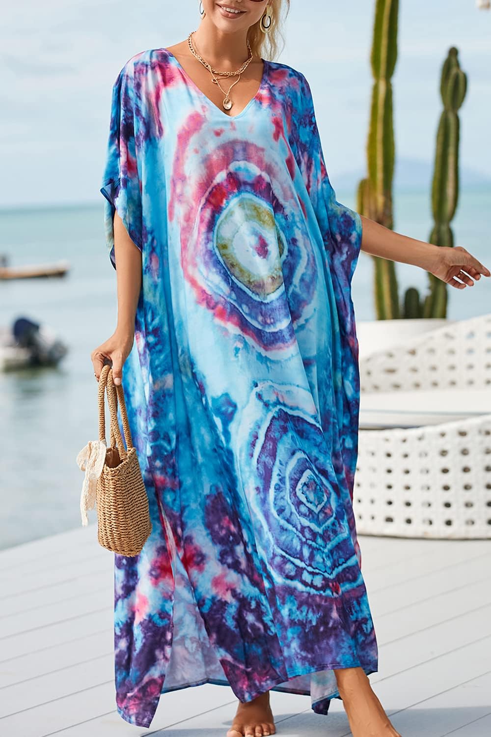 YouKD Maxi Dress V-Neck Kaftan Boho Robes Beach Cover-ups Dress Roomy Gowns for Women