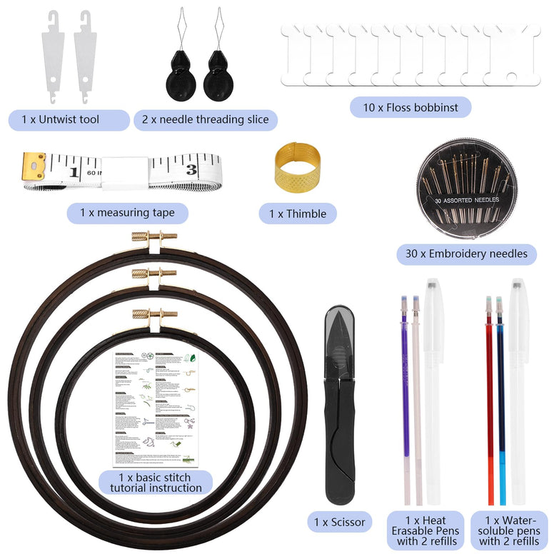 XEmbro Black Embroidery Kit, Sewing Cross Stitch Supplies Include Instructions, 3 PCS Embroidery Hoops and Practical Embroidery Tools, Embroidery Starter Kit for Beginners Adults