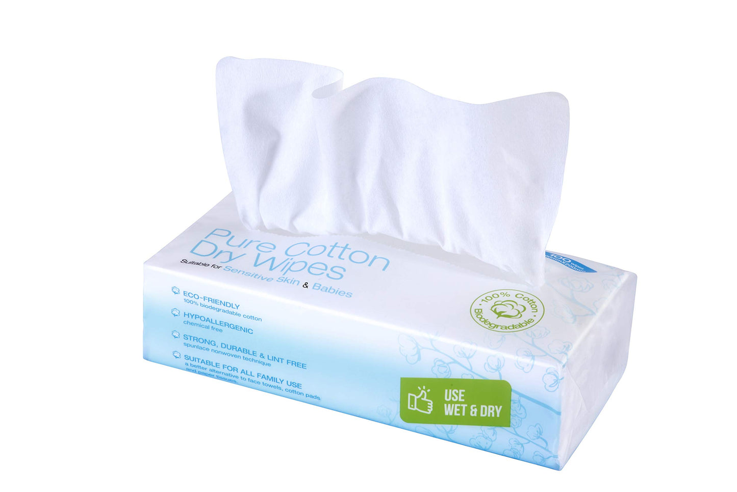 Ivyone Pure Cotton Dry Wipes, 100 Wipes, Biodegradable, Chemical-Free and Plastic-Free Wipes, Perfect for Newborn Sensitive Skin