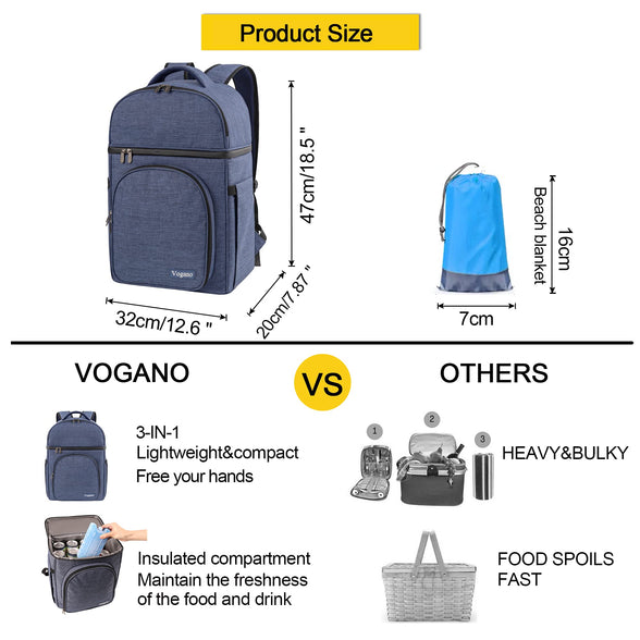 Vogano Cooler Picnic Backpack Insulated Soft Cooler Bag Leak-Proof Lightweight Beach Blanket for Hiking Camping Outdoor. (Blue)