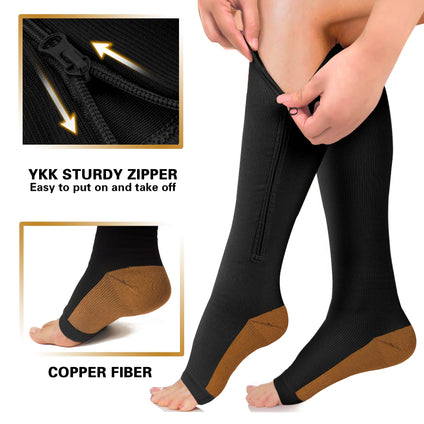 ACTINPUT 2 Pairs Compression Socks Toe Open Leg Support Stocking Knee High Socks with Zipper